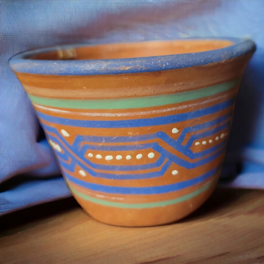 Vtg Red Clay Pottery Mexico Planter Pot Handmade Geometric Design #8874 Signed - Picture 4 of 7
